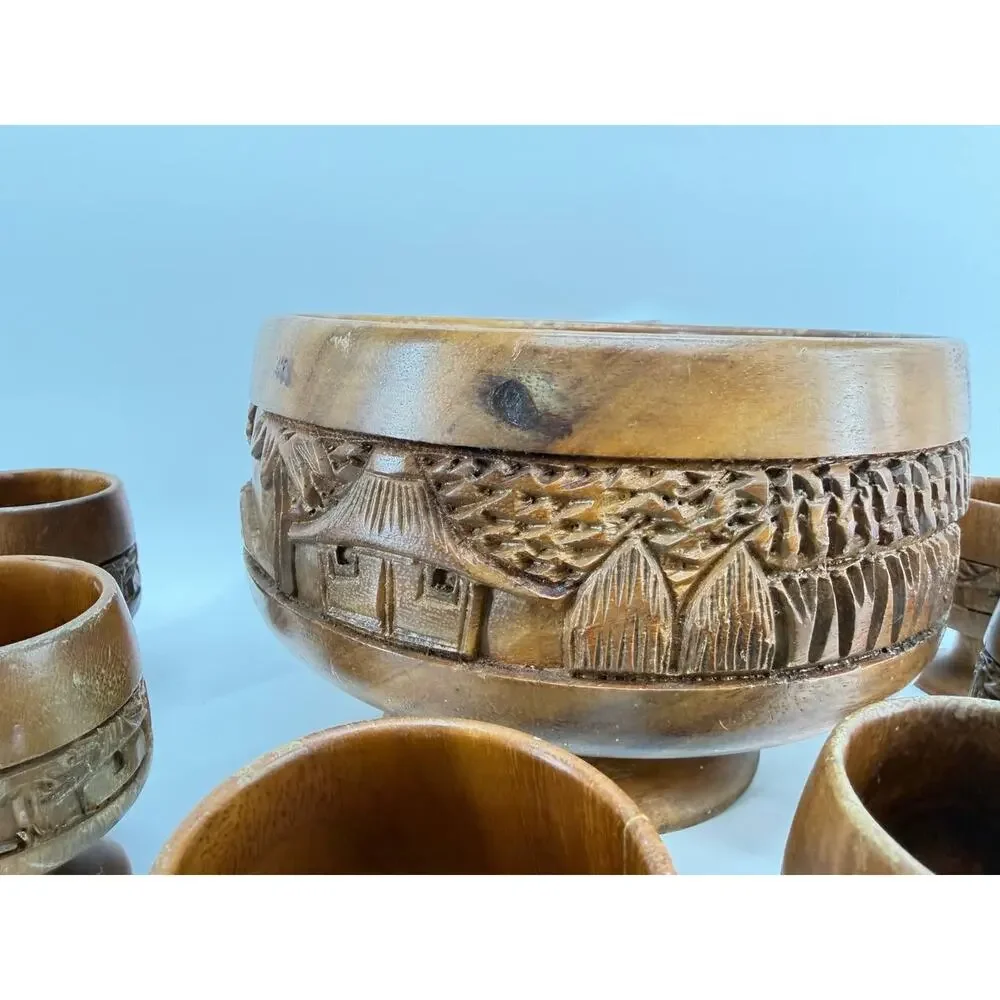 Vintage Hand Carved Wood Punch Bowl Set 6 Goblets Tiki Village 3 lb